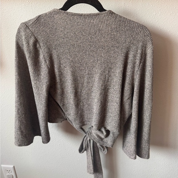 Taupe Ribbed Wrap Cardigan with Front Tie - Picture 2 of 3